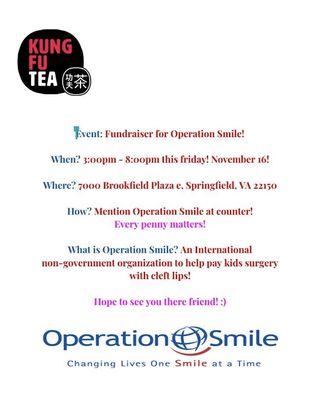 Please join us today 11/16/18 from 3pm to 8pm for the Operation Smile fundraiser!