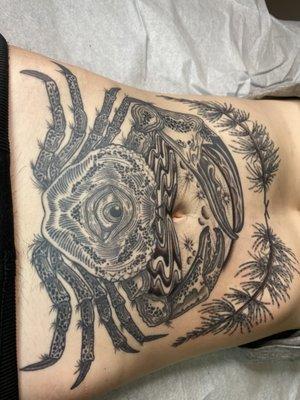 All seeing celestial cancer moon and pine bough stomach piece for Olivia