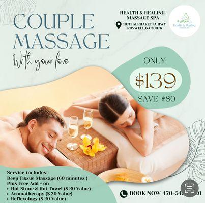 First-Time Couple's Massage for Only $139! (Regular Price: $219 - Save $80!)