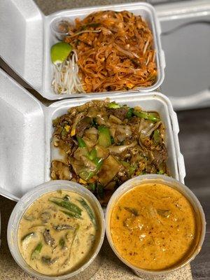 Pad Thai (top), Drunken Noodles, Green Curry, and Red Curry