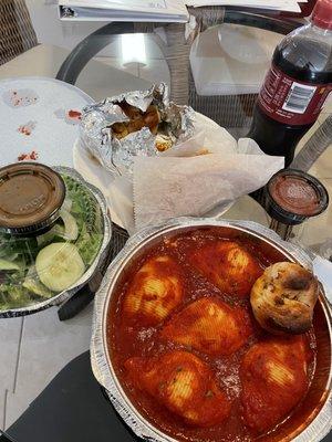 Stuffed Shells Pasta, Chef Salad, Garlic Knots with Side of Sauce