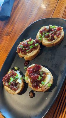 Bacon jam goat cheese crostini