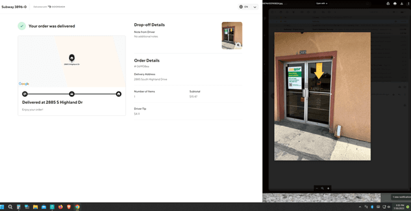 Order thrown on ground outside of Subways maiin entrance and marked "Delivered"