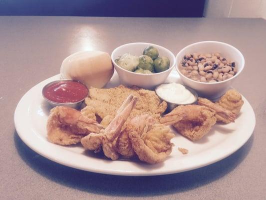 Fresh cooked to order Gulf Shrimp and Catfish dinner and the vegetables are all fresh prepared each day along with desserts.