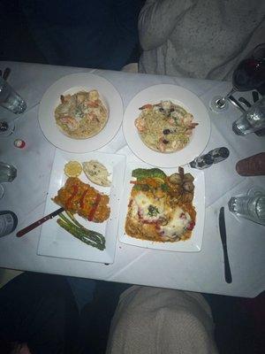 Bottom left is grouper.clockwise shrimp scampi, the first special (some type of linguine), and  Chicken Via Roma Style