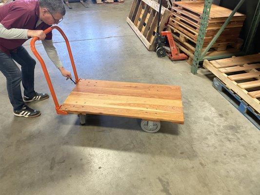 Platform truck ready to go! Made with 1" thick domestic hardwood. These are the same decks you see aged and turned into coffee tables.