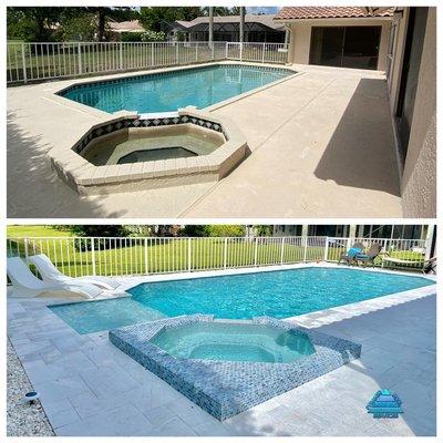 Custom built external sunshelf with bubbler, redesigned spa, marble pool deck, sky blue pool finish