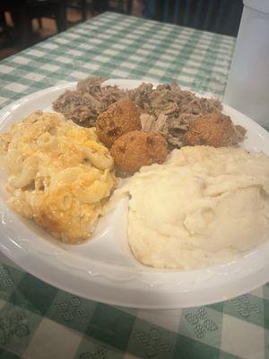 Pulled pork Mashed Potatoes Macaroni Pie Hush Puppies