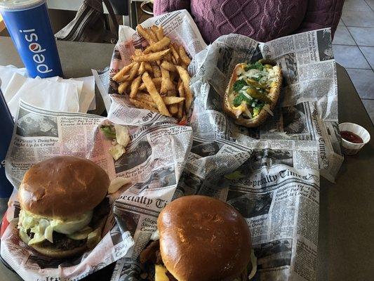 Boss Burger, little Boss, Chicago dog and large Garlic Parmesan Fries.