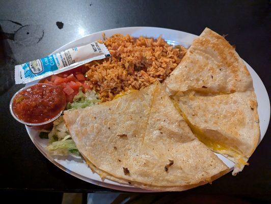 Cheese quesadilla dinner with double portion of rice instead of refried beans