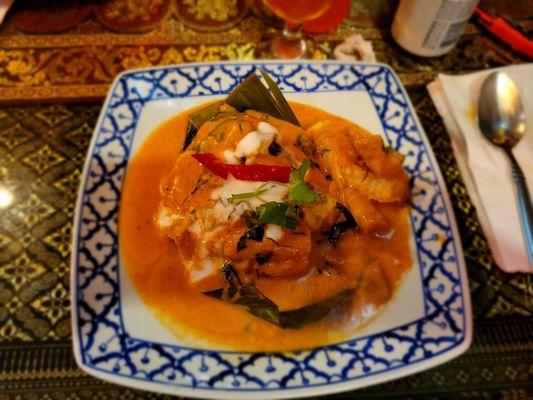 Red snapper in red curry with coconut milk