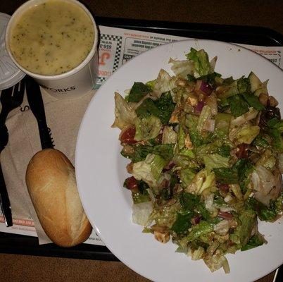 Greek salad with broccoli n cheese soup...