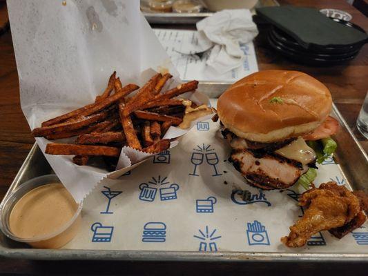 BLTA with sweet potato fries (and 1 dry rub chicken wing)