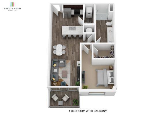 One Bedroom with Balcony 3D floorplan