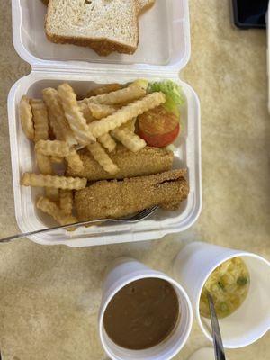 Fish, fries, and gravy on the side! Also a very scrumptious egg drop soup.