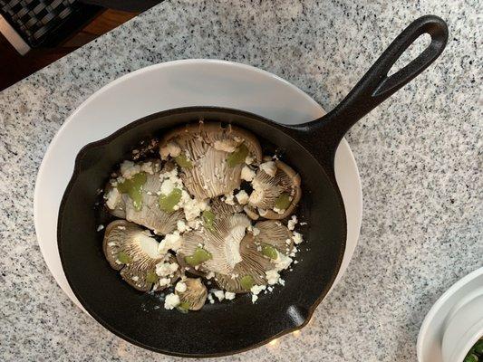 Amazing mushroom appetizer with pesto and fresh feta