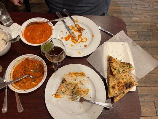 Chicken tikka masala, Garlic naan, Butter Chicken