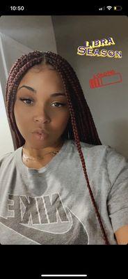 Gorgeous Small burgundy box braids! They are very neat and butt length