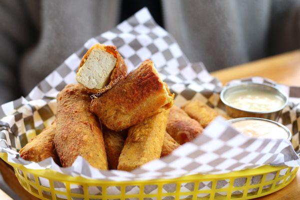 Inside of Chik'n Fried Tofu ($12) - fried breaded tofu with chipotle ranch and maple-mustard sauce