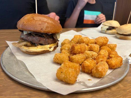 Mushroom Swiss - patty was over cooked - tots are just okay