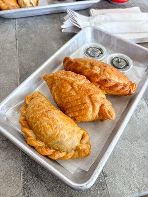 Lunch special 3 savory empanada + a drink. Curry Chicken, Mediterranean Beef, & Fish