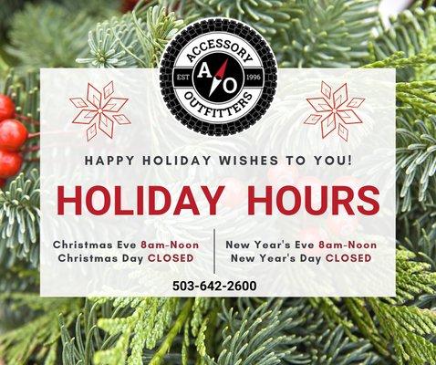 Happy holidays to you and yours! Please note our upcoming holiday hours. Be well and stay safe!