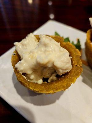 Garlic chicken tostone cup appetizer