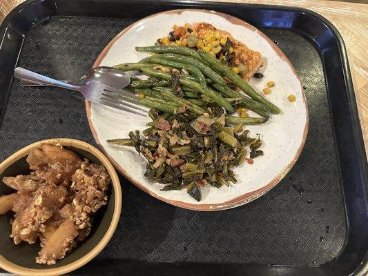 Collard greens, green beans, salmon steak, apple bake