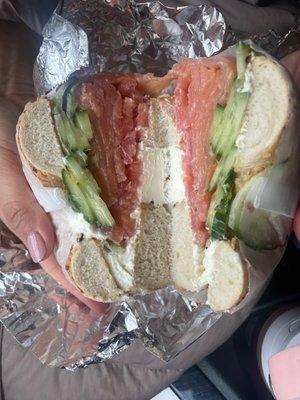 Onion bagel and Lox & Plain Cream Cheesecake tomatoes and cucumber