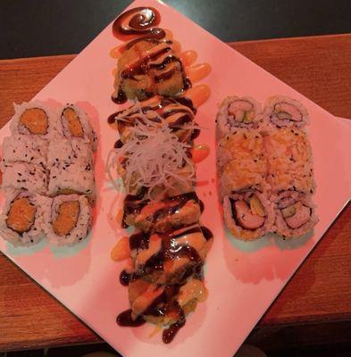 Spicy tuna, Firecracker, and California rolls