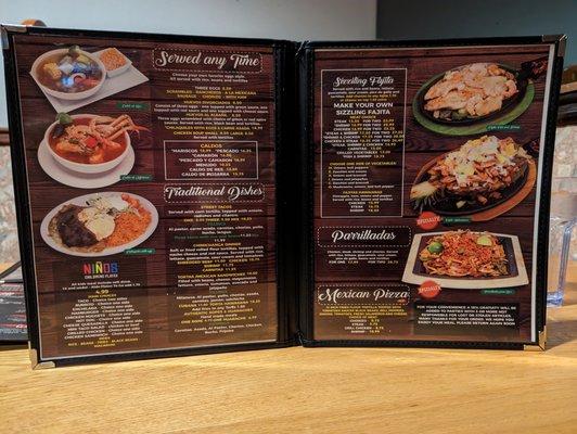 Menu, 3 of 5. Ninos - kids menu, breakfast, traditional dishes, fajitas, parrilladas, Mexican pizza.