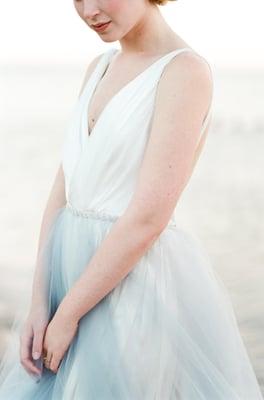 Isabelle - a beach wedding with this gorgeous silk and blue/grey tulle skirt bridal gown