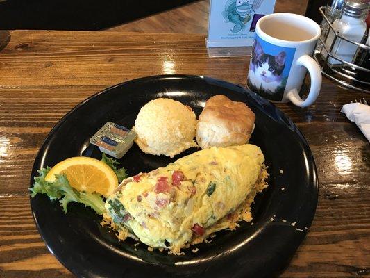 2 egg Josie's Dad omelette with grits and biscuit