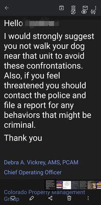 This is how they handle a renter verbal and aggressively going after a owner. She only about the money and not actually doing anything.