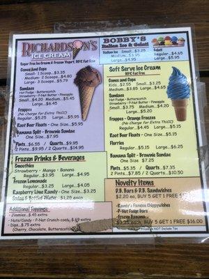 Ice cream menu