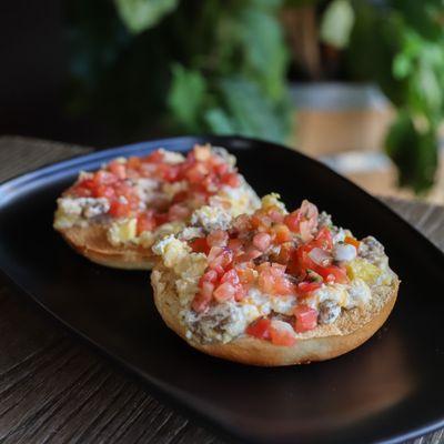 Chopped Breakfast Bagel - Bagel of choice loaded with chopped mixture of sausage, egg, cream cheese, and cheese, topped with pico de gallo