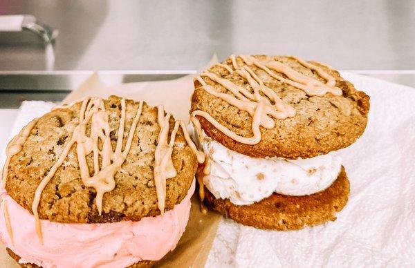 PB & J cookie scoopwich! PB cookies  + Strawberry   drizzle of PB Sauce!