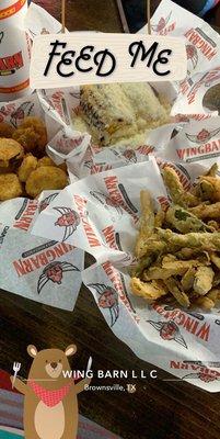 Corn, fried pickles and Jalapeño and onion fries .. pretty good