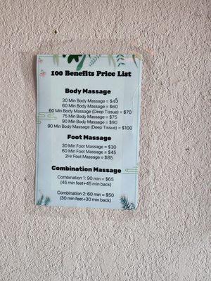 The price list for massage. They increased the price  7/16/23