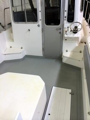 Crab boat floor is coated with Line-X Platinum and non-slip shark-bite. Line-X Platinum is color matched.