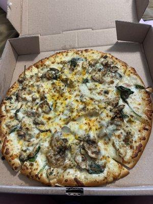 Grace's Alfredo pizza size medium. $14 for 12"