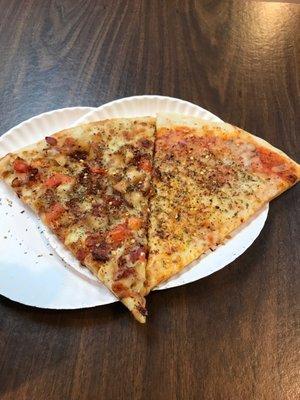 One pizza with chicken and bacon and a regular slice