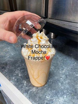 One of our most popular coffee drinks, the Frappe. We offer Mocha, White Mocha, Vanilla Bean, & Strawberry.