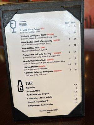 Wine & beer menu