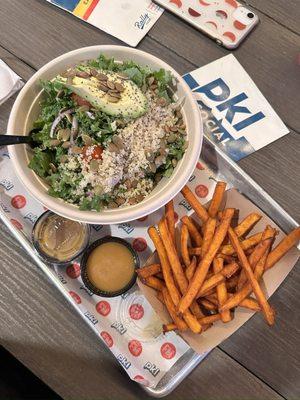 Super food grain bowl and sweet potato fries