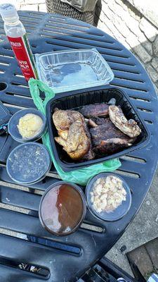 Combination, barbecue chicken, and ribs, macaroni and cheese cornbread and collard greens. Everything was delicious ate for 2 days