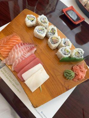 Sashimi plate and a roll