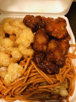 2 item combo with chow mein, orange chicken, and shrimp