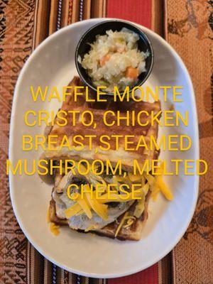 Waffle Montecristo,chicken breast,mushroom melted cheese