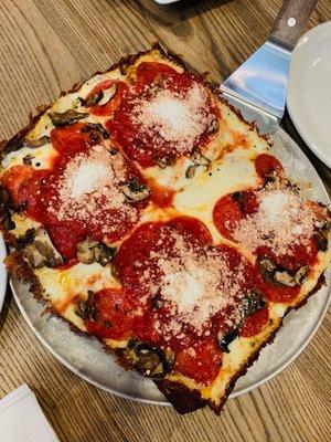 10" Detroit Style Pizza with pepperoni and mushrooms